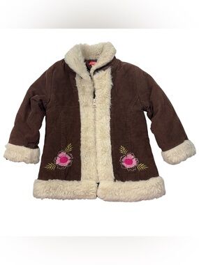 Teddy Boom Vintage 90s Brown Floral Embroidered Fur Trim Penny Lane Coat 2T Y2K
